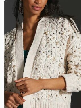 Chelsea & Theodore Pearl-Embellished Cream Cable Knit Cardigan Size Medium